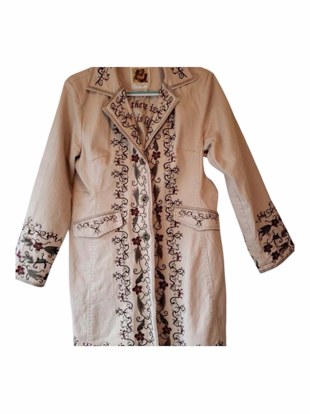 Paparazzi Beige Embroidered Jacket with Olive, Brown, and Maroon Accents